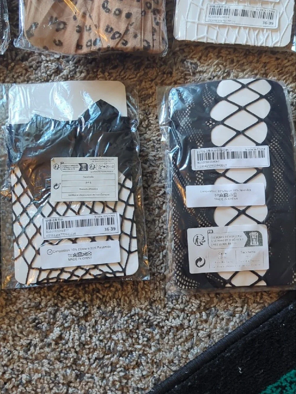 12 Pairs of Mixed Patterned Tights and Hosiery - Black, White, Beige
